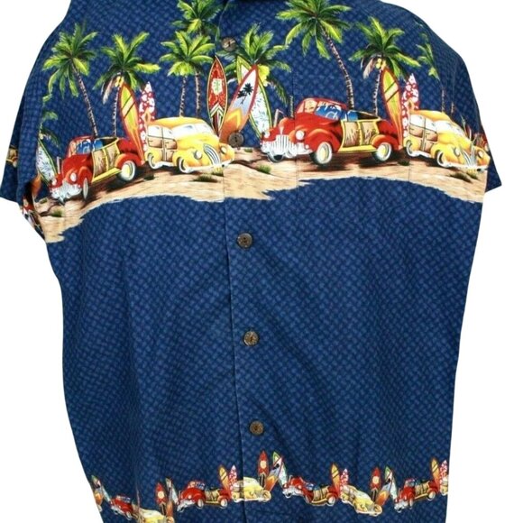 PALMWAVE HAWAIIAN BUTTON FRONT SHIRT-VINTAGE CARS, SURF BOARDS, PALM TREES L? - Picture 3 of 10